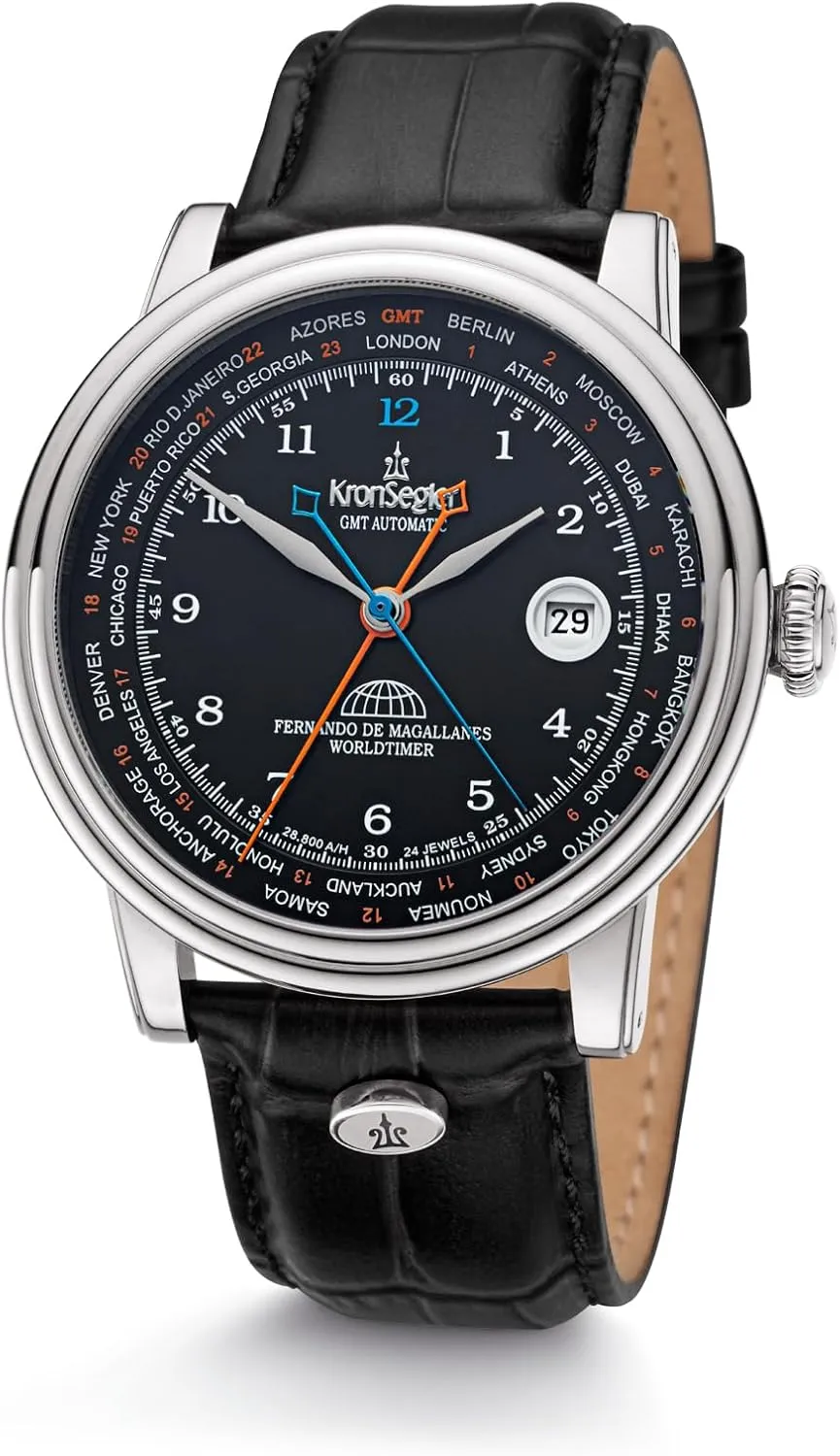 Magallanes Worldtimer Flyer GMT Mens Wristwatch Automatic Steel Black Kronsegler memorable humanitarian Fernando de 