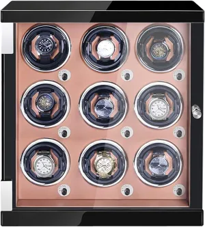 Man apparatus multicellular Watches,Brown Pu-9 0 Watch Winder for 9 Automatic Watches Watches Display Box with Led Lights Wood Shell Piano Finish Quiet Motor Fit Lady and 