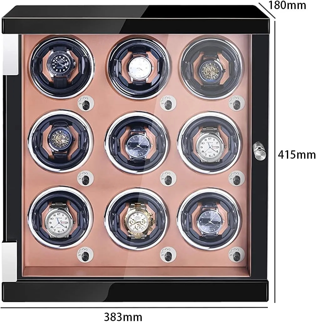 Man apparatus multicellular Watches,Brown Pu-9 0 Watch Winder for 9 Automatic Watches Watches Display Box with Led Lights Wood Shell Piano Finish Quiet Motor Fit Lady and 