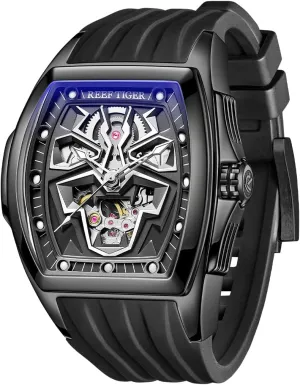 Mechanical Automatic Watch Super Lumious Self-Winding Watches Waterproof Rubber Watch RGA3061-LEO (RGA3061-LEO-BBB) REEF TIGER Luxury Men??s Black Panther excel awaken turnover Tonneau 