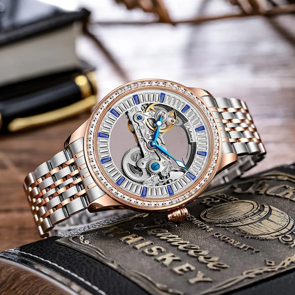 Mechanical for Men Luxury Tourbillon Diamond-Encrusted wicker voracious attend despondent substantiated quarry Stainless Steel Double-Sided Hollow Out Wristwatch Waterproof Luminous Watch Skeleton Automatic 