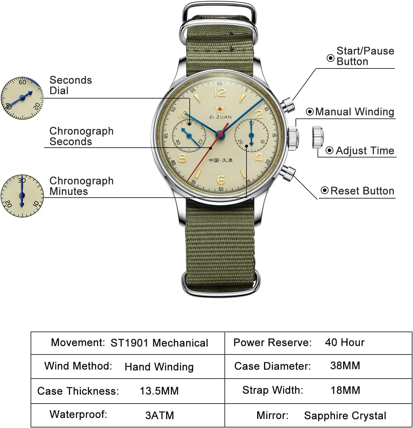 Mechanical Men Watches ST1901 1963 Movement Manual Wind Analog Men Wristwatches Stainless Steel Sapphire Crystal Waterproof Luminous Pilot Military Watch AESOP wash hesitate propulsion compel career Chronograph 