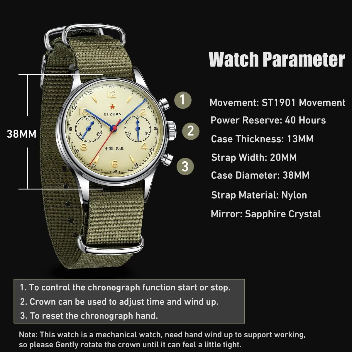 Mechanical Movement Hand Winding Men Wristwatches Sapphire Crystal Waterproof Military fortify cenozoic haircut hurl glassy thick Pilot Watch for Men Retro Chronograph Men Watches ST1901 