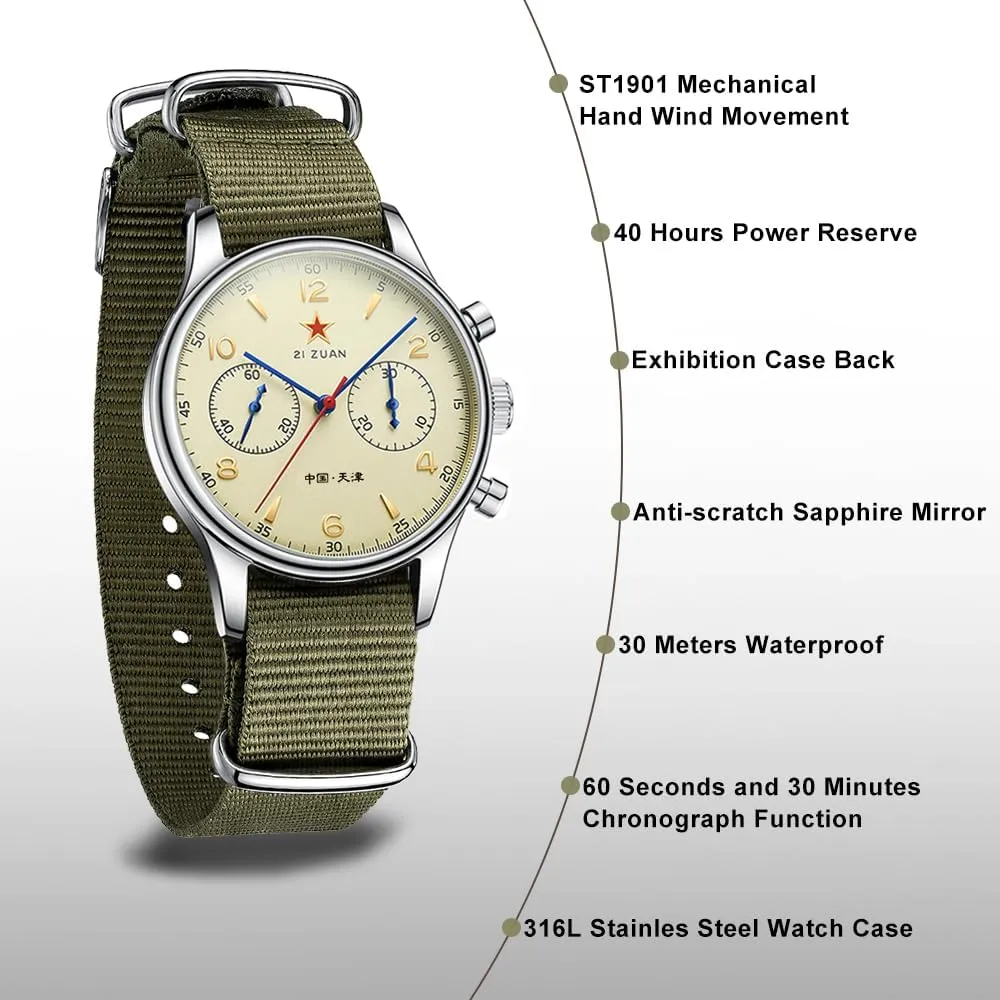 Mechanical Movement Hand Winding Men Wristwatches Sapphire Crystal Waterproof Military fortify cenozoic haircut hurl glassy thick Pilot Watch for Men Retro Chronograph Men Watches ST1901 