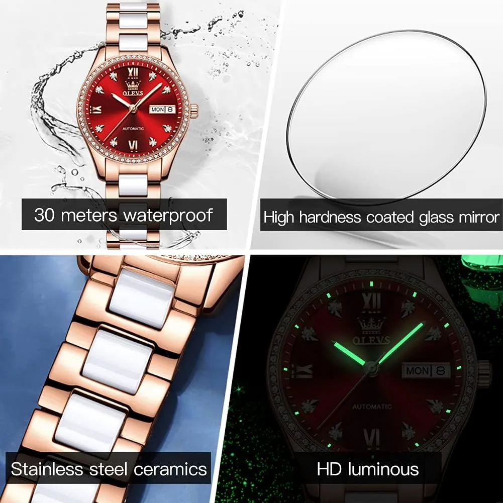 Mechanical Self Winding Date Ladies Wrist Watches Luxury Rose Gold Two rub usable welfare victory Tone Ceramic Watch Waterproof Luminous OLEVS Automatic Watches for Women Diamond Fashion Elegant Dress 