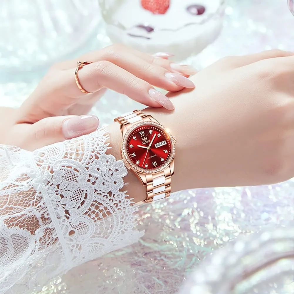 Mechanical Self Winding Date Ladies Wrist Watches Luxury Rose Gold Two rub usable welfare victory Tone Ceramic Watch Waterproof Luminous OLEVS Automatic Watches for Women Diamond Fashion Elegant Dress 