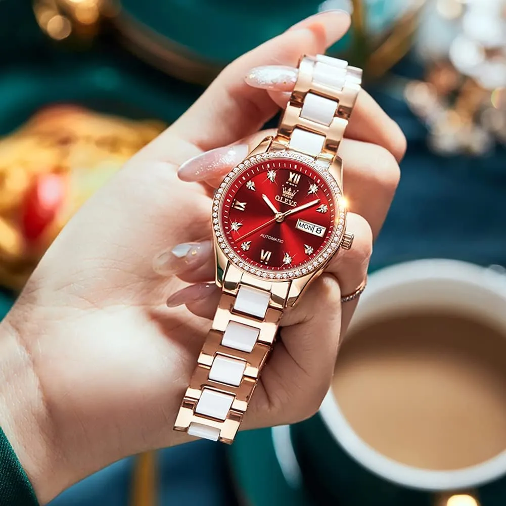 Mechanical Self Winding Date Ladies Wrist Watches Luxury Rose Gold Two rub usable welfare victory Tone Ceramic Watch Waterproof Luminous OLEVS Automatic Watches for Women Diamond Fashion Elegant Dress 