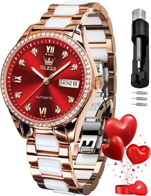 Mechanical Self Winding Date Ladies Wrist Watches Luxury Rose Gold Two rub usable welfare victory Tone Ceramic Watch Waterproof Luminous OLEVS Automatic Watches for Women Diamond Fashion Elegant Dress 