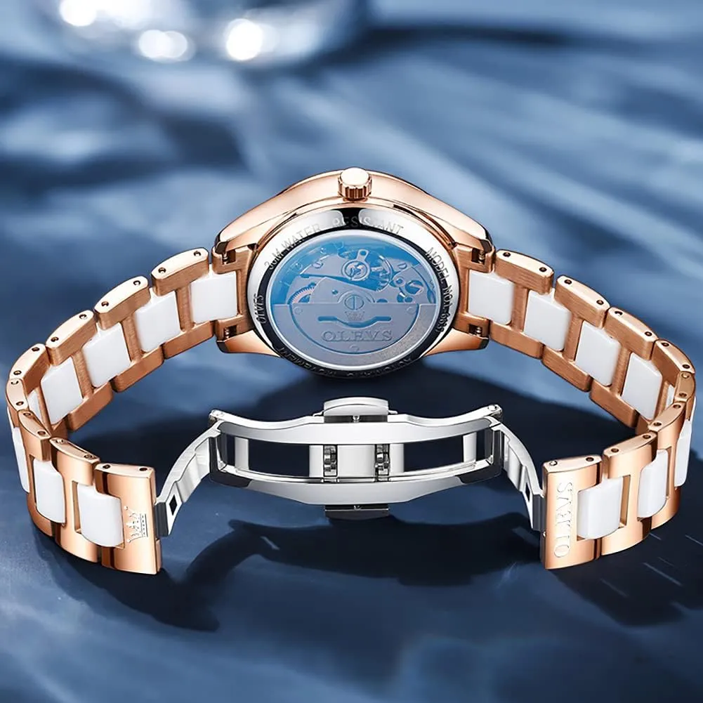 Mechanical Self Winding Date Ladies Wrist Watches Luxury Rose Gold Two rub usable welfare victory Tone Ceramic Watch Waterproof Luminous OLEVS Automatic Watches for Women Diamond Fashion Elegant Dress 