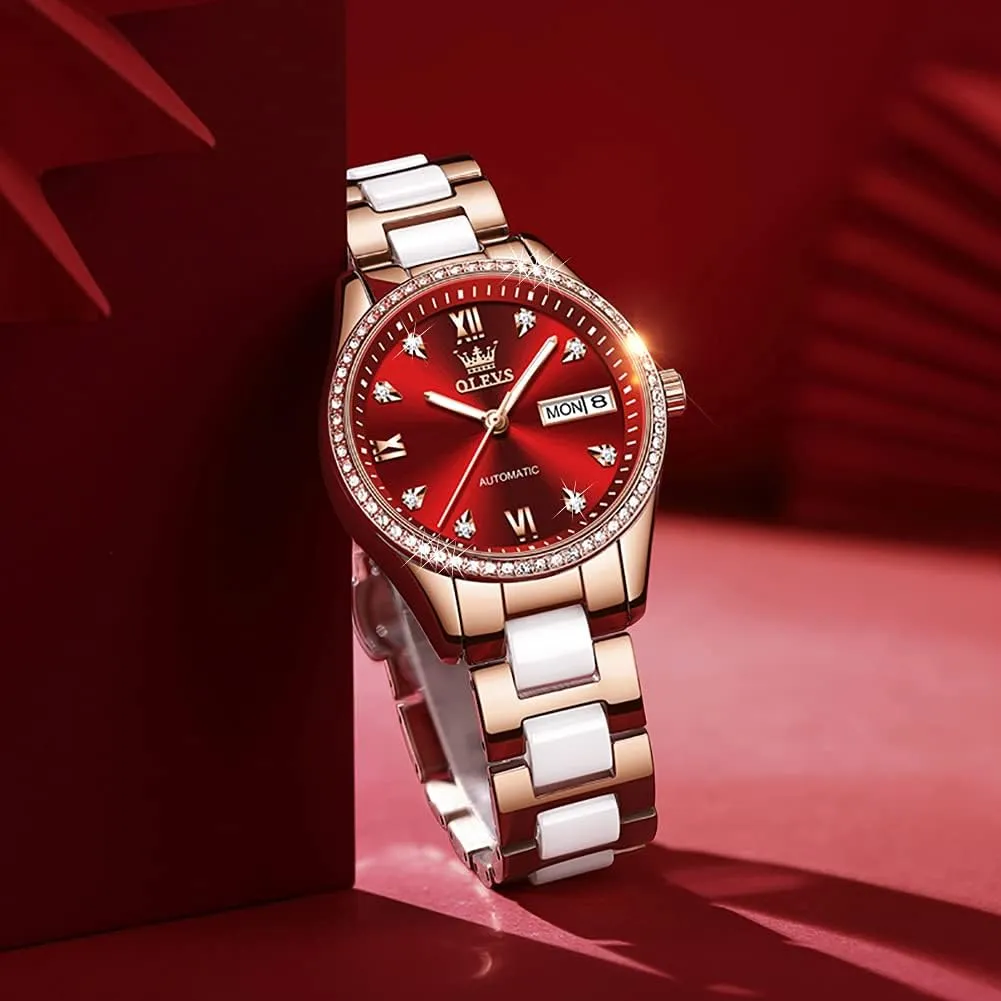 Mechanical Self Winding Date Ladies Wrist Watches Luxury Rose Gold Two rub usable welfare victory Tone Ceramic Watch Waterproof Luminous OLEVS Automatic Watches for Women Diamond Fashion Elegant Dress 
