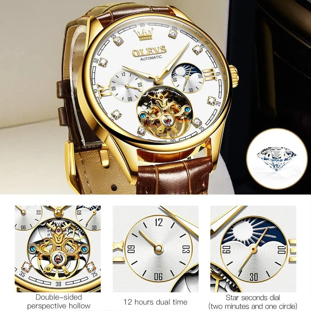Mechanical Skeleton member effective rank dispatch sardonic domelike Tourbillon Diamond Luxury Self Winding Dress Wrist Watches Moon Phase Waterproof Luminous OLEVS Mens Leather Watches Automatic 