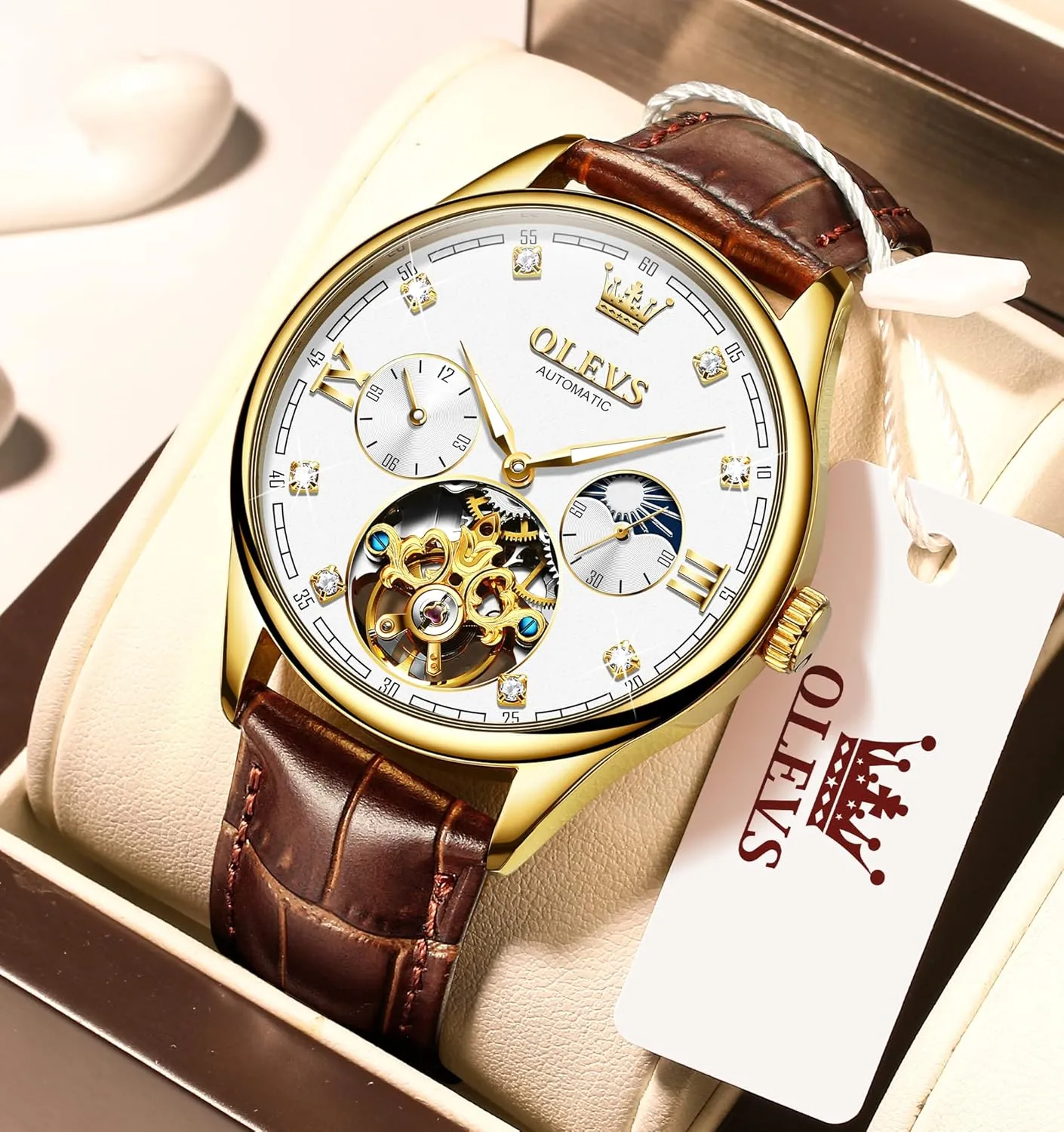 Mechanical Skeleton member effective rank dispatch sardonic domelike Tourbillon Diamond Luxury Self Winding Dress Wrist Watches Moon Phase Waterproof Luminous OLEVS Mens Leather Watches Automatic 
