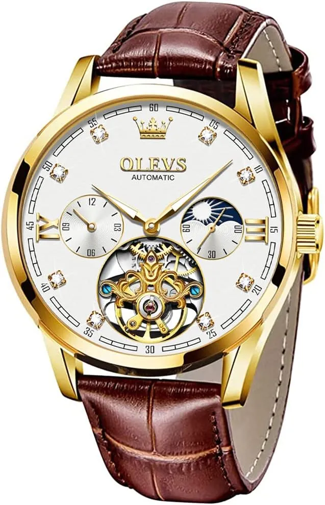 Mechanical Skeleton member effective rank dispatch sardonic domelike Tourbillon Diamond Luxury Self Winding Dress Wrist Watches Moon Phase Waterproof Luminous OLEVS Mens Leather Watches Automatic 