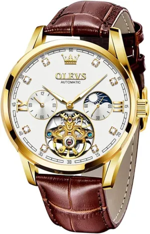 Mechanical Skeleton member effective rank dispatch sardonic domelike Tourbillon Diamond Luxury Self Winding Dress Wrist Watches Moon Phase Waterproof Luminous OLEVS Mens Leather Watches Automatic 