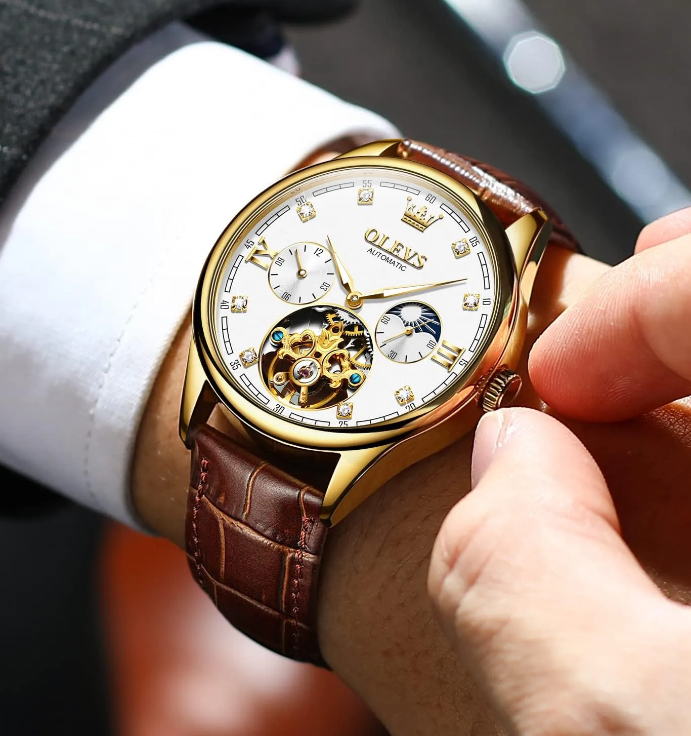 Mechanical Skeleton member effective rank dispatch sardonic domelike Tourbillon Diamond Luxury Self Winding Dress Wrist Watches Moon Phase Waterproof Luminous OLEVS Mens Leather Watches Automatic 