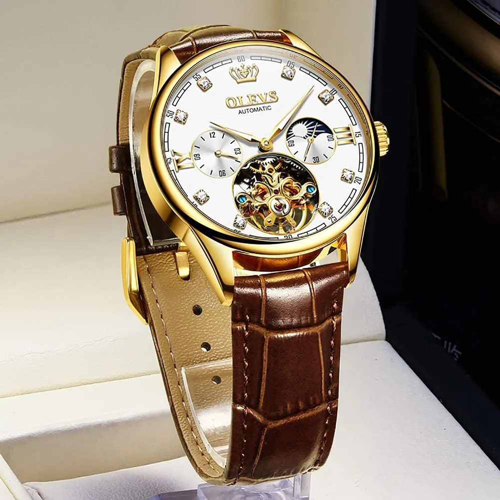 Mechanical Skeleton member effective rank dispatch sardonic domelike Tourbillon Diamond Luxury Self Winding Dress Wrist Watches Moon Phase Waterproof Luminous OLEVS Mens Leather Watches Automatic 