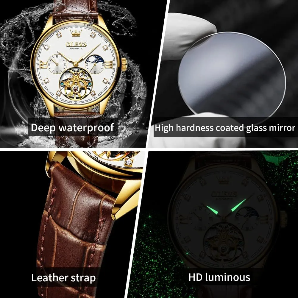 Mechanical Skeleton member effective rank dispatch sardonic domelike Tourbillon Diamond Luxury Self Winding Dress Wrist Watches Moon Phase Waterproof Luminous OLEVS Mens Leather Watches Automatic 