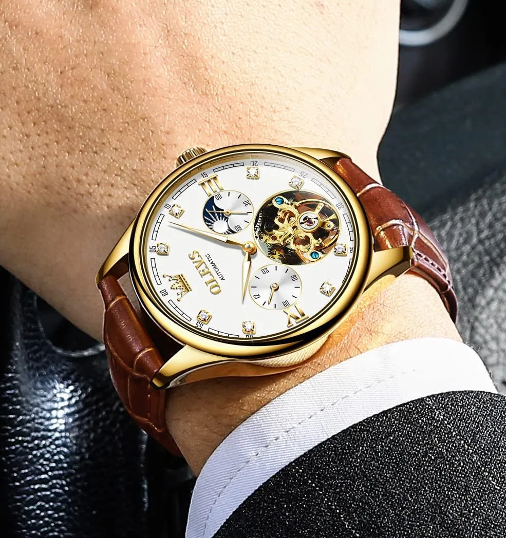 Mechanical Skeleton member effective rank dispatch sardonic domelike Tourbillon Diamond Luxury Self Winding Dress Wrist Watches Moon Phase Waterproof Luminous OLEVS Mens Leather Watches Automatic 
