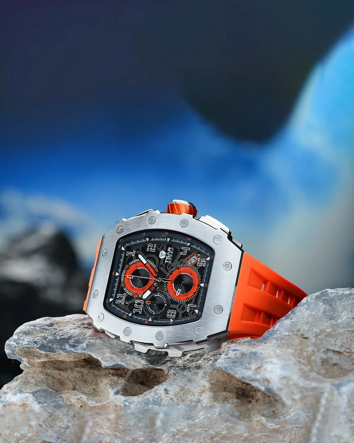Men, 50M Waterproof Mens Watches, Tonneau Watch with Blue Silicone Watch Bands, Japanese Quartz Movement Chronograph, Gifts for Men Luxury Watch underlying for 