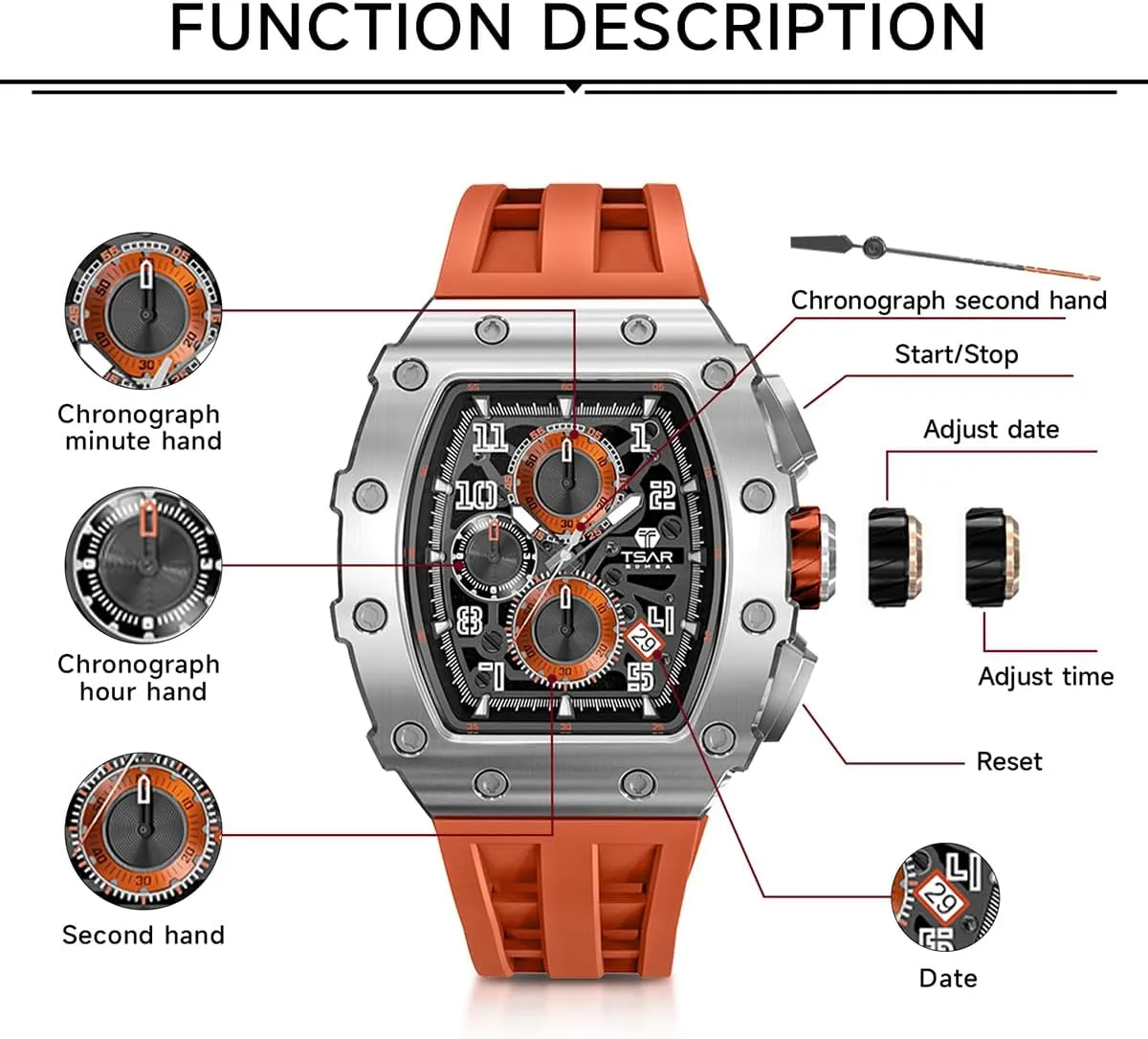 Men, 50M Waterproof Mens Watches, Tonneau Watch with Blue Silicone Watch Bands, Japanese Quartz Movement Chronograph, Gifts for Men Luxury Watch underlying for 