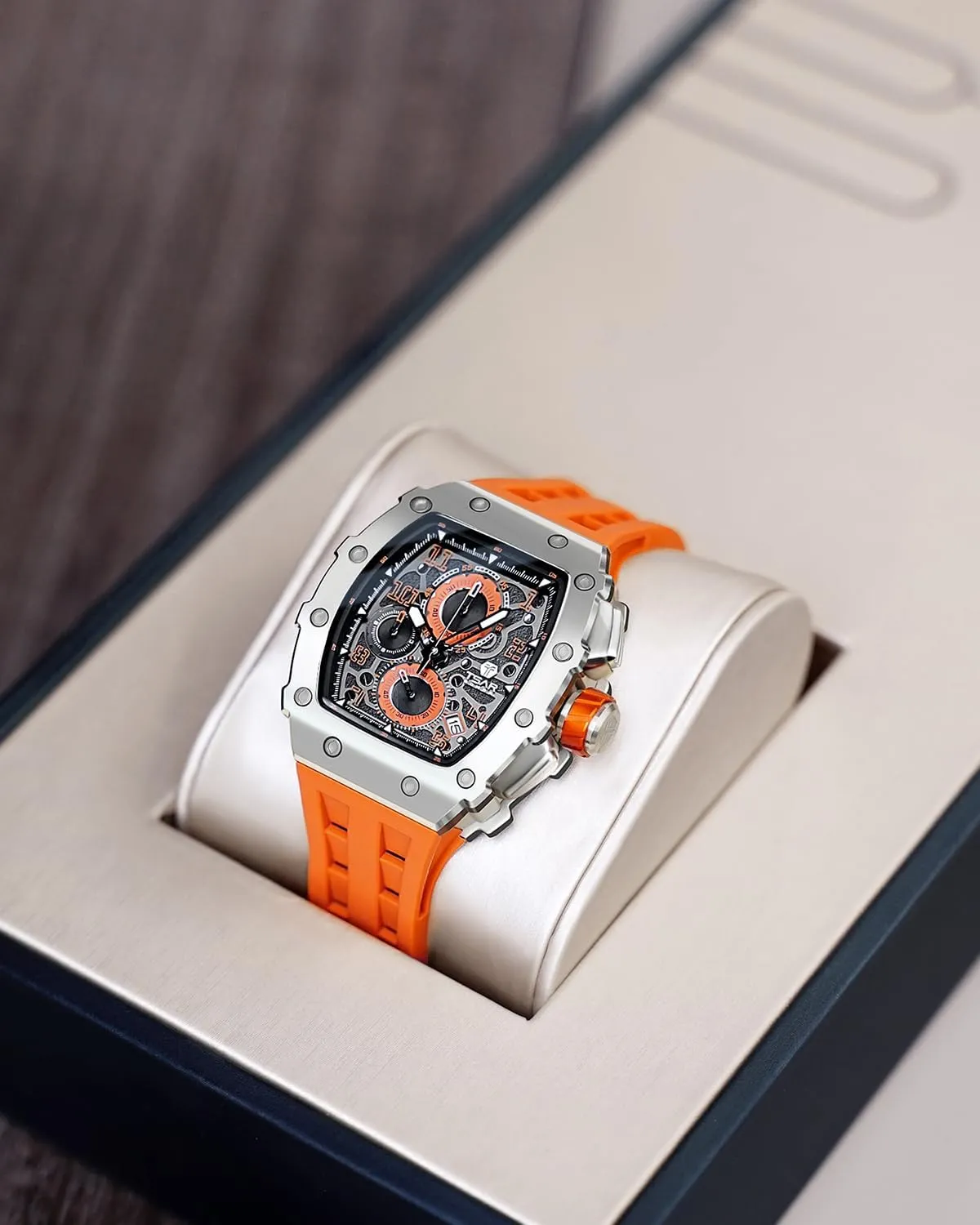 Men, 50M Waterproof Mens Watches, Tonneau Watch with Blue Silicone Watch Bands, Japanese Quartz Movement Chronograph, Gifts for Men Luxury Watch underlying for 