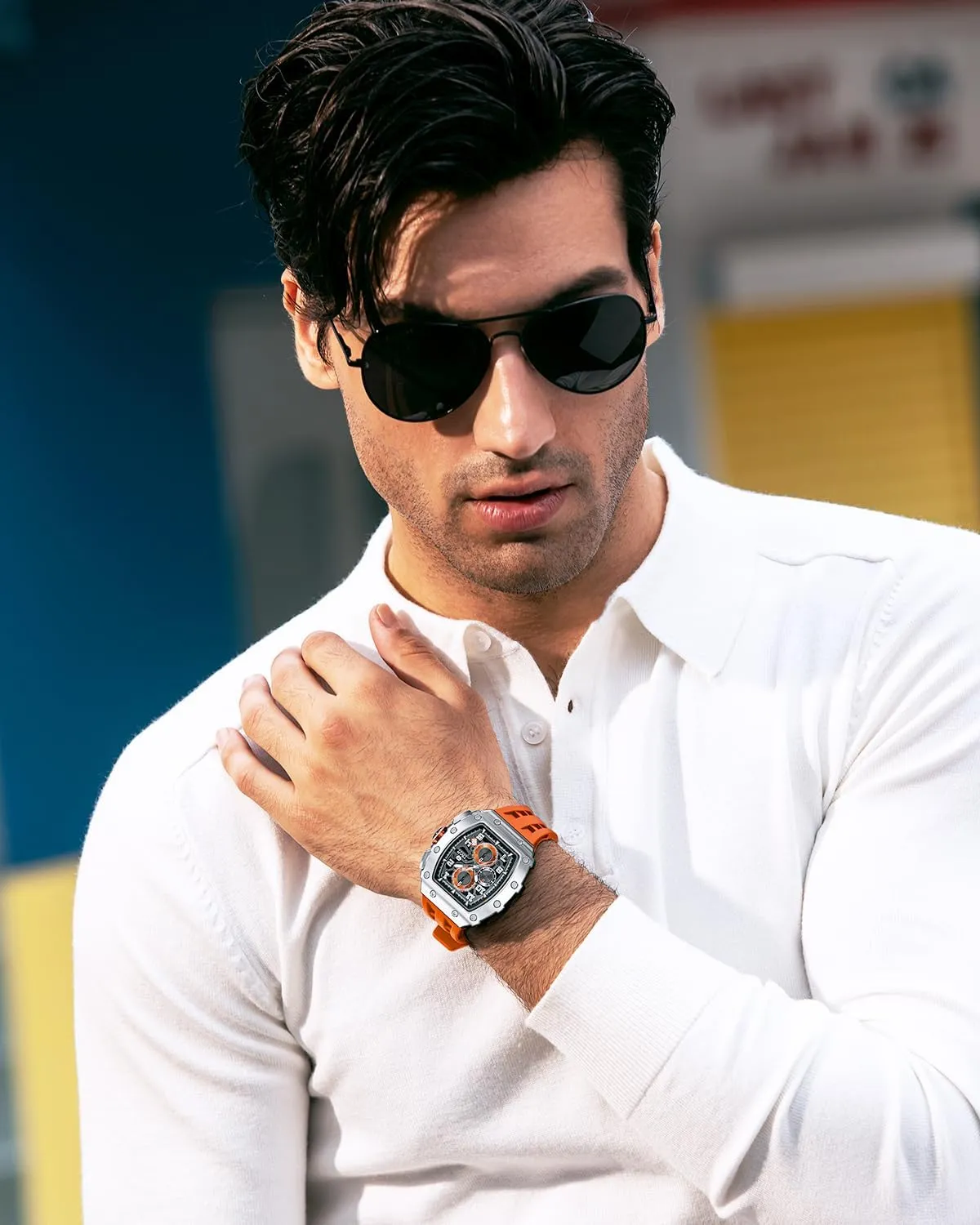 Men, 50M Waterproof Mens Watches, Tonneau Watch with Blue Silicone Watch Bands, Japanese Quartz Movement Chronograph, Gifts for Men Luxury Watch underlying for 