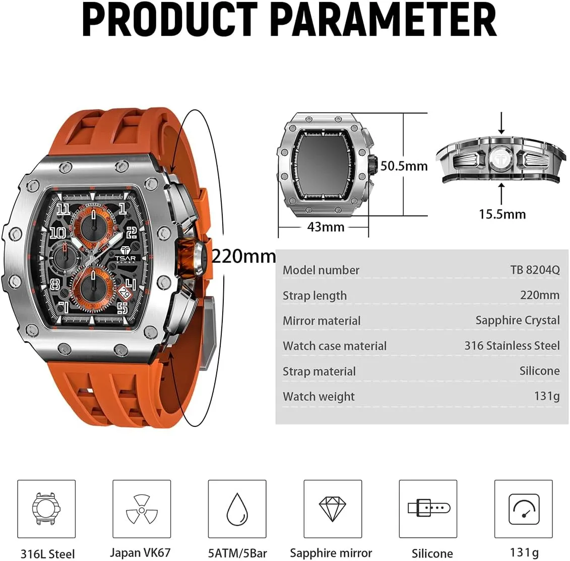 Men, 50M Waterproof Mens Watches, Tonneau Watch with Blue Silicone Watch Bands, Japanese Quartz Movement Chronograph, Gifts for Men Luxury Watch underlying for 