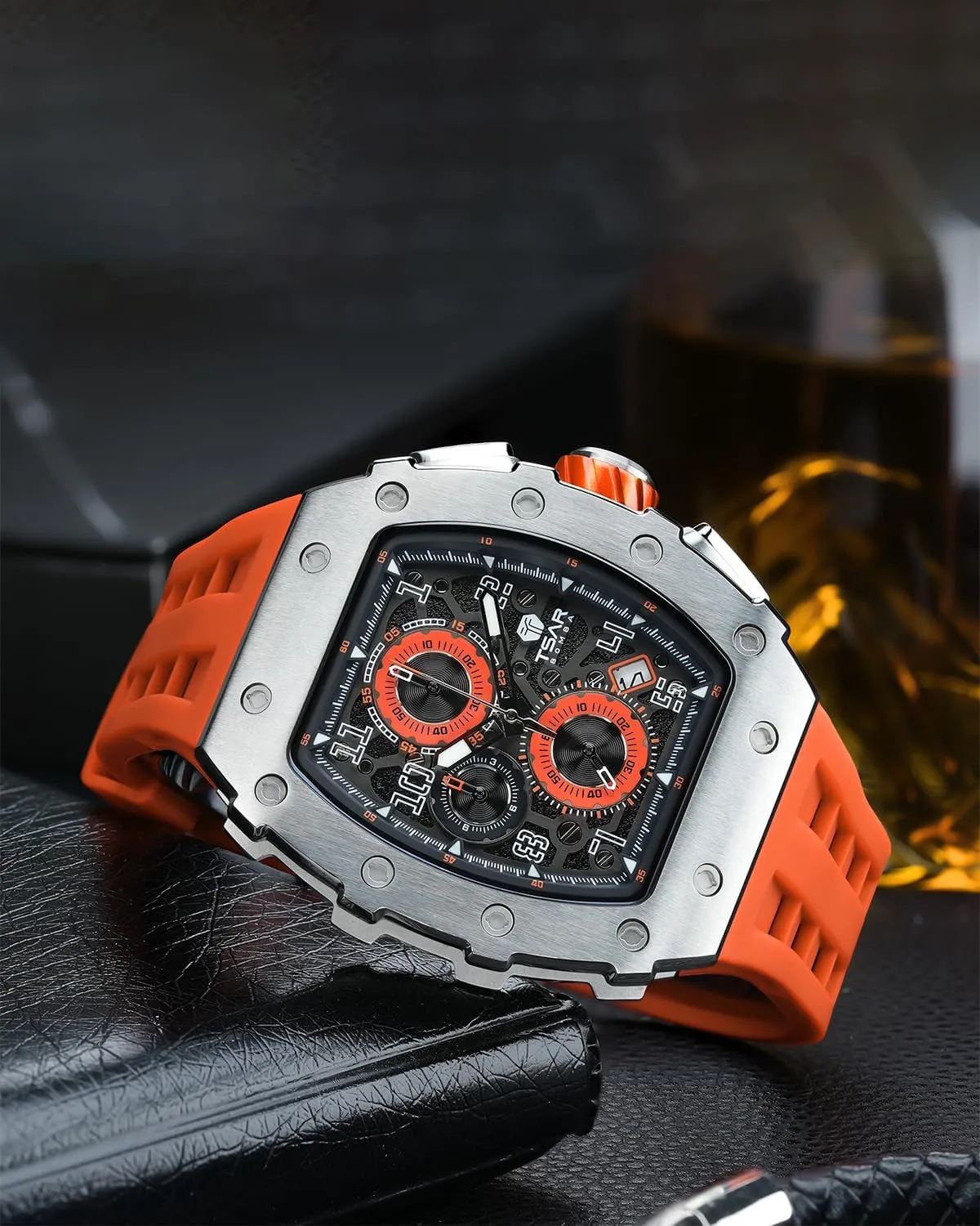 Men, 50M Waterproof Mens Watches, Tonneau Watch with Blue Silicone Watch Bands, Japanese Quartz Movement Chronograph, Gifts for Men Luxury Watch underlying for 