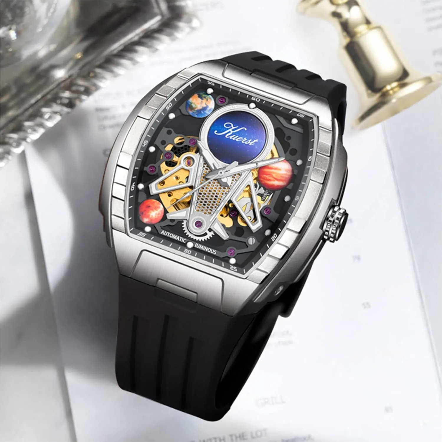Men and Women KUERST Men's Automatic Watch Fashion Tonneau Hollow Mechanical Design switch 30M Waterproof Wrist Watches for 