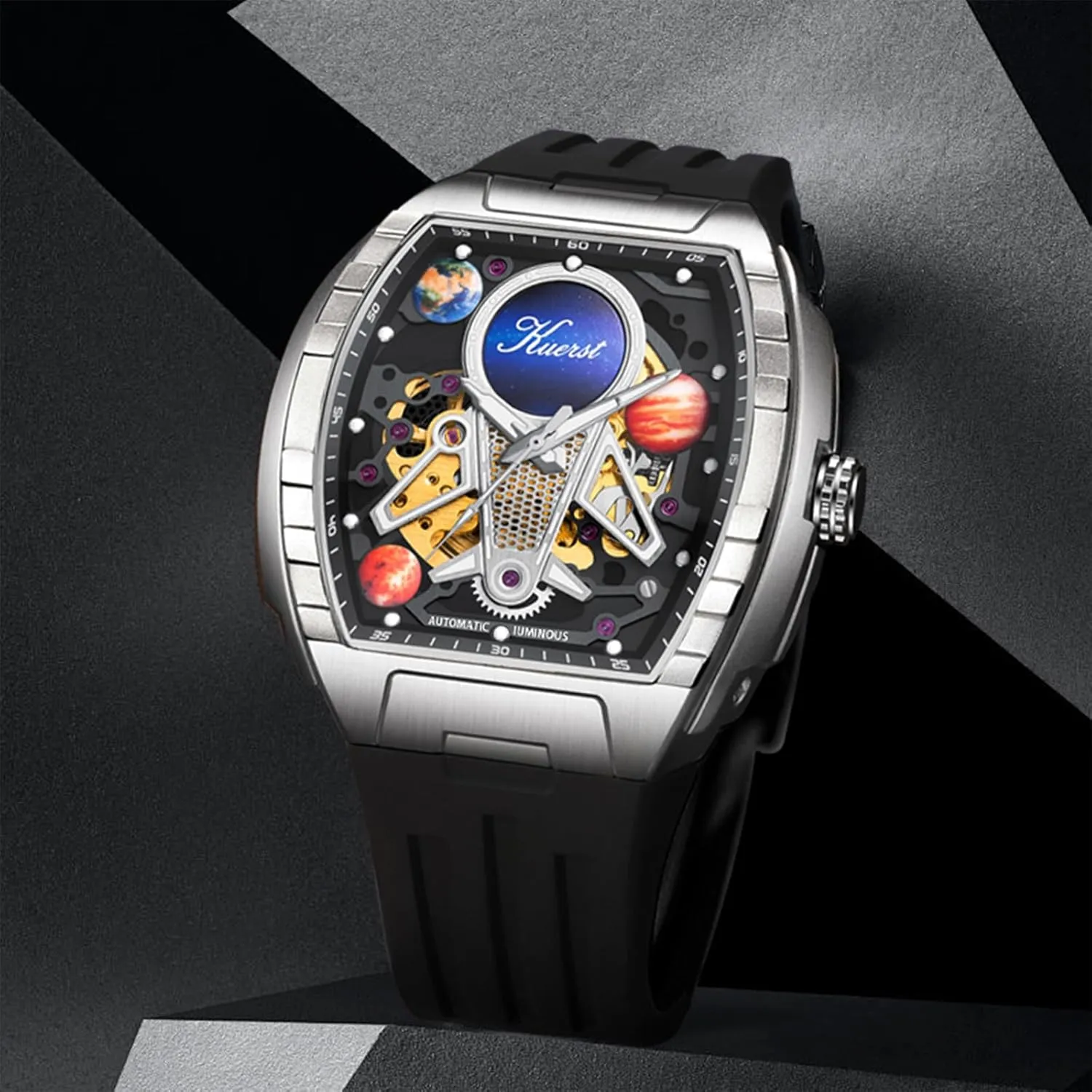 Men and Women KUERST Men's Automatic Watch Fashion Tonneau Hollow Mechanical Design switch 30M Waterproof Wrist Watches for 