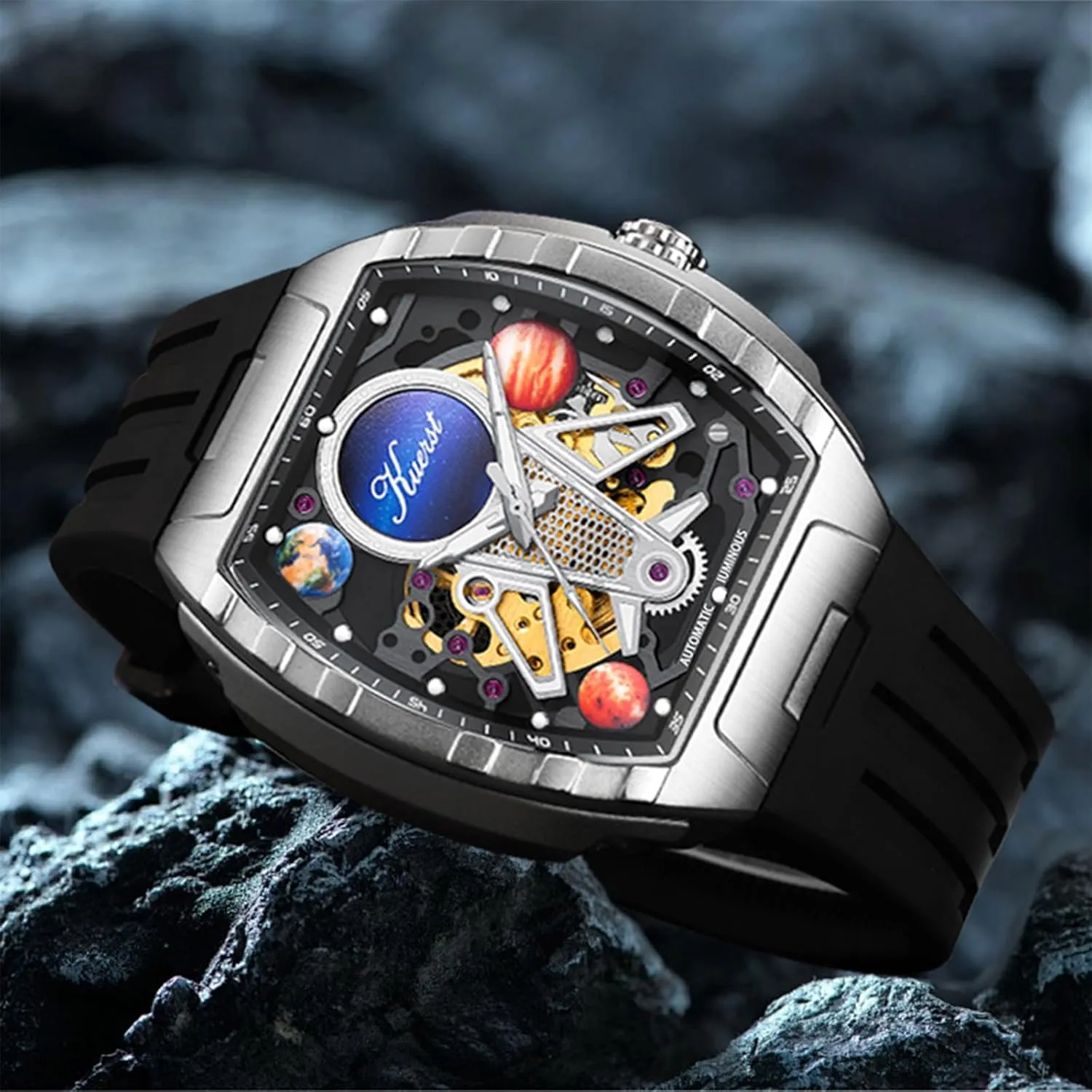 Men and Women KUERST Men's Automatic Watch Fashion Tonneau Hollow Mechanical Design switch 30M Waterproof Wrist Watches for 