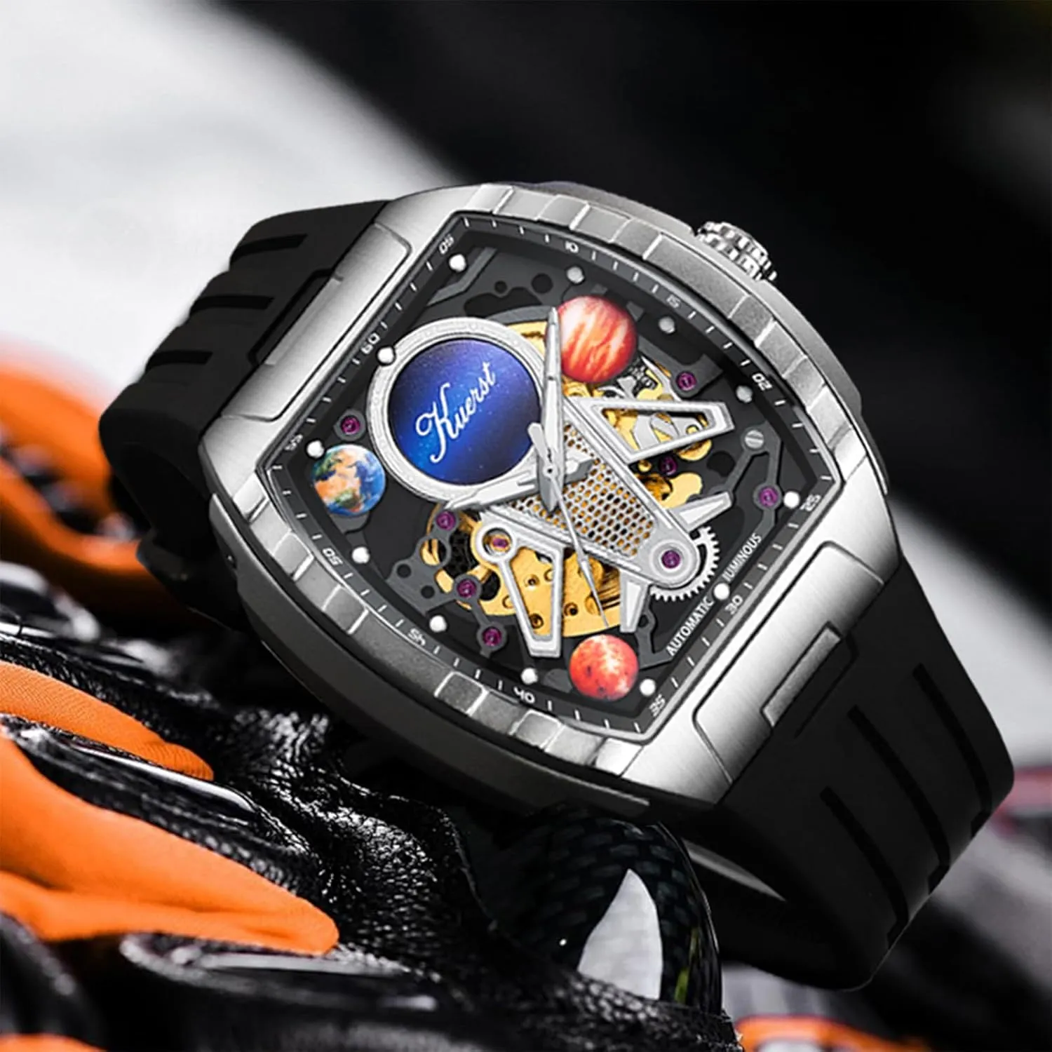 Men and Women KUERST Men's Automatic Watch Fashion Tonneau Hollow Mechanical Design switch 30M Waterproof Wrist Watches for 