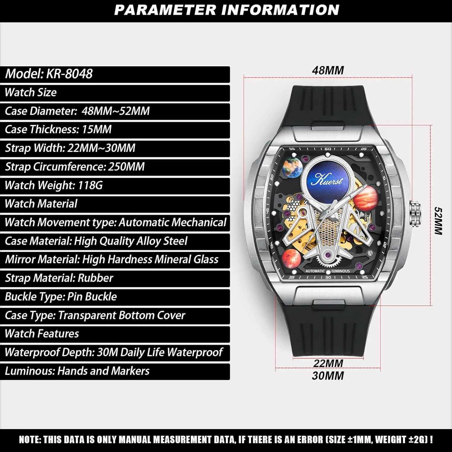 Men and Women KUERST Men's Automatic Watch Fashion Tonneau Hollow Mechanical Design switch 30M Waterproof Wrist Watches for 