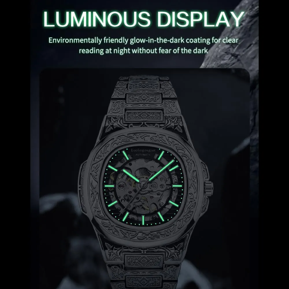 Men Automatic Mechanical rental Wristwatch Stainless Steel Exquisite Carved Watch Mens Clock Hollow Skeleton Vintage Reloj Luxury 