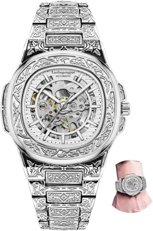 Men Automatic Mechanical rental Wristwatch Stainless Steel Exquisite Carved Watch Mens Clock Hollow Skeleton Vintage Reloj Luxury 