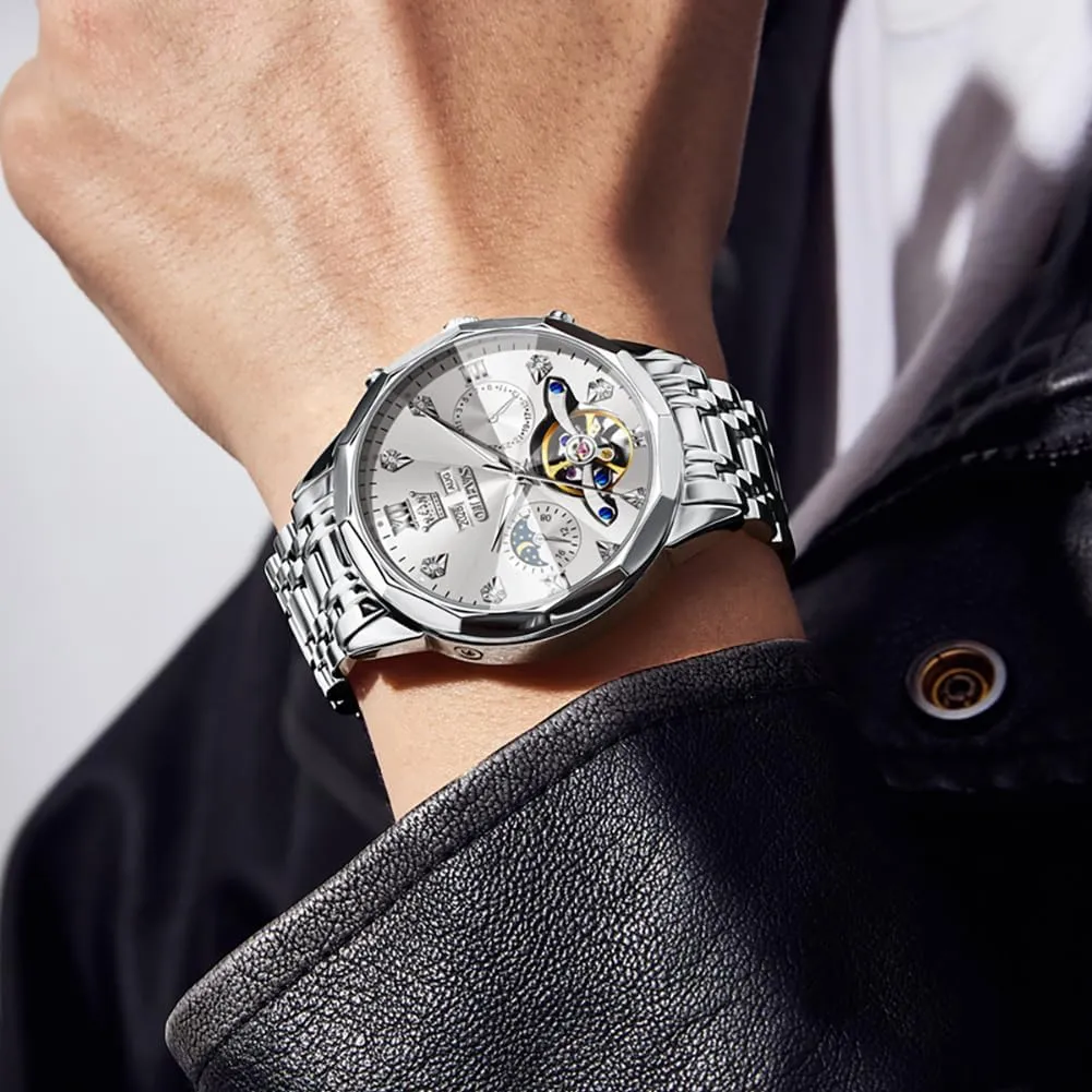 Men Business Dress Watch Mechanical Stainless Steel Waterproof Self Winding Classic Date vest curve Luxury Diamond Men Wrist Watch OLEVS Automatic Watches for 