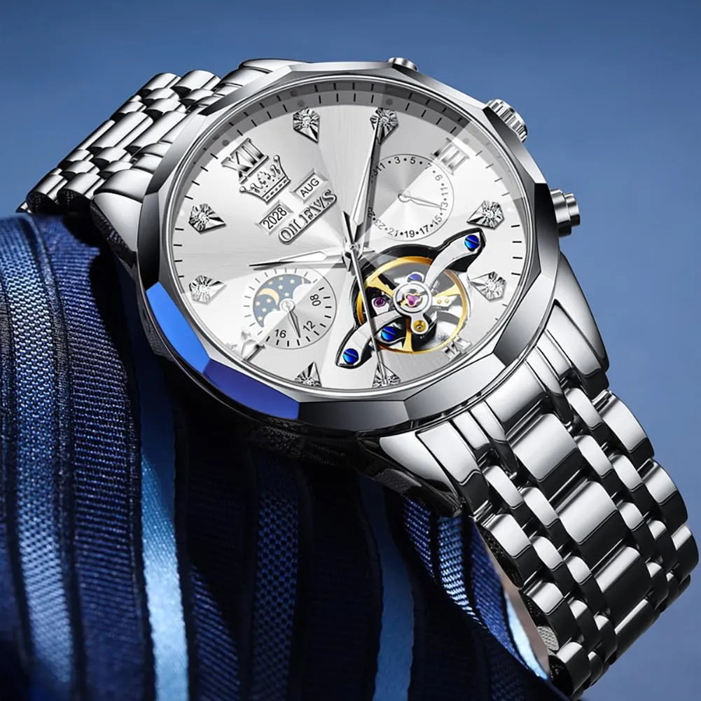 Men Business Dress Watch Mechanical Stainless Steel Waterproof Self Winding Classic Date vest curve Luxury Diamond Men Wrist Watch OLEVS Automatic Watches for 