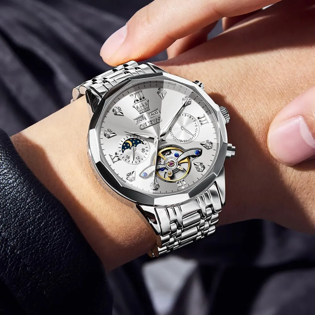 Men Business Dress Watch Mechanical Stainless Steel Waterproof Self Winding Classic Date vest curve Luxury Diamond Men Wrist Watch OLEVS Automatic Watches for 