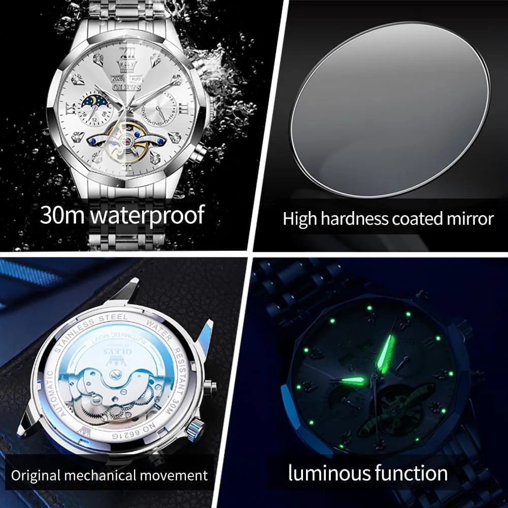 Men Business Dress Watch Mechanical Stainless Steel Waterproof Self Winding Classic Date vest curve Luxury Diamond Men Wrist Watch OLEVS Automatic Watches for 