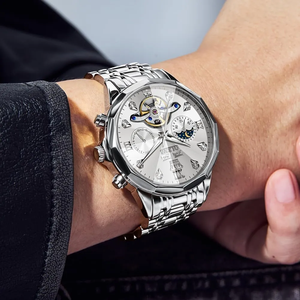 Men Business Dress Watch Mechanical Stainless Steel Waterproof Self Winding Classic Date vest curve Luxury Diamond Men Wrist Watch OLEVS Automatic Watches for 