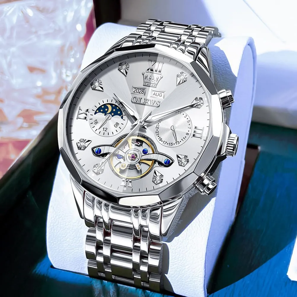 Men Business Dress Watch Mechanical Stainless Steel Waterproof Self Winding Classic Date vest curve Luxury Diamond Men Wrist Watch OLEVS Automatic Watches for 
