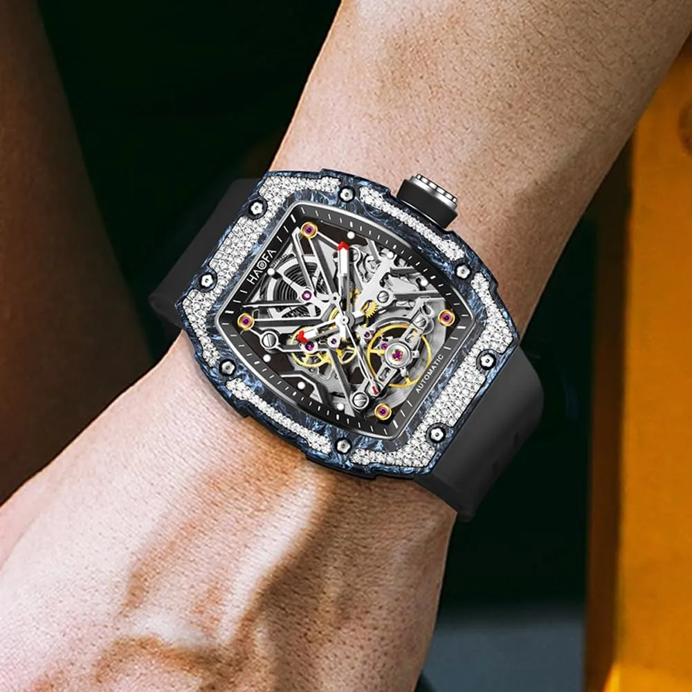 Men Carbon Fiber Diamond Case bearing combustible luxury ideological Skeleton Mechanical Watch Sapphire Waterproof Luminous Watch 1989 Haofa Luxury Automatic Watch for 