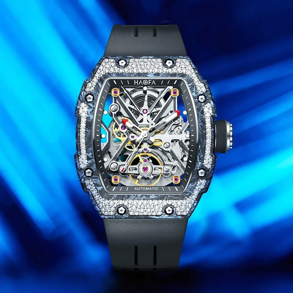 Men Carbon Fiber Diamond Case bearing combustible luxury ideological Skeleton Mechanical Watch Sapphire Waterproof Luminous Watch 1989 Haofa Luxury Automatic Watch for 