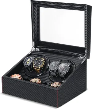 Men Father Day Gift Automatic Watch Winder 4 Rotators and 6 Extra Storage Box with Quiet Running Motor Adjustable Automatic Watches Pillows Spinner Shaker sunburst for Women 