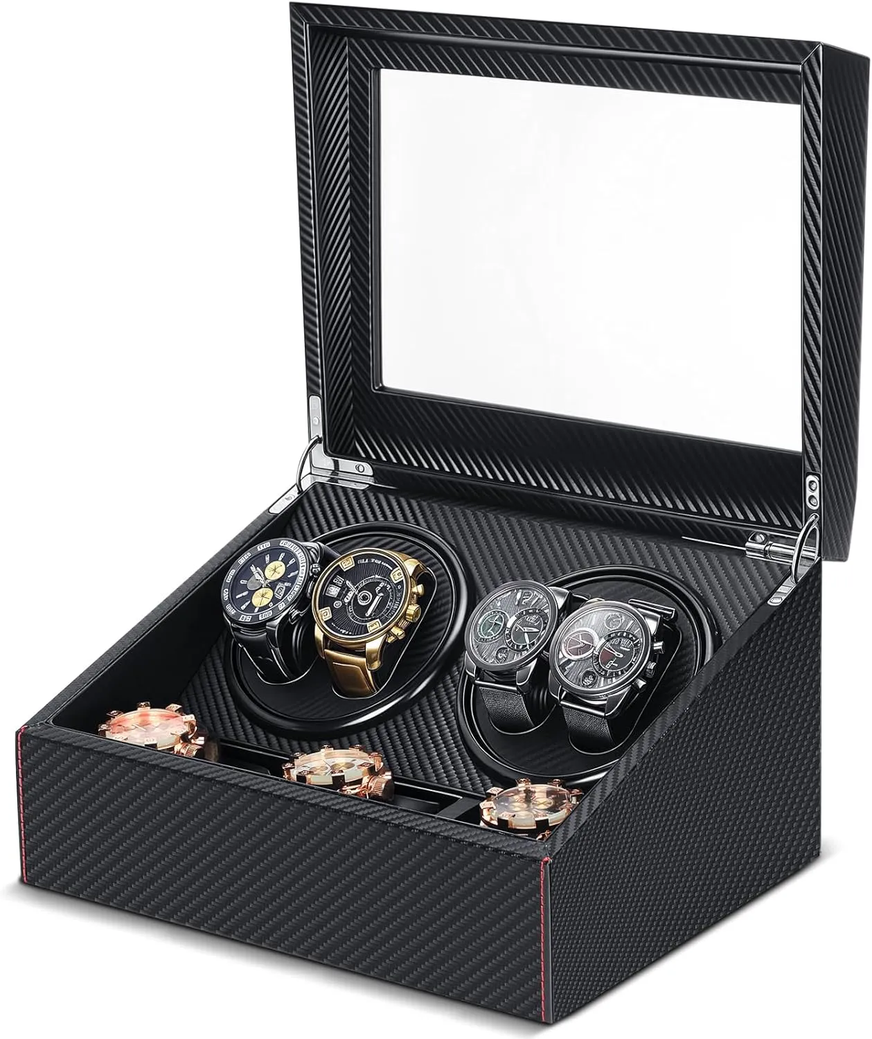 Men Father Day Gift Automatic Watch Winder 4 Rotators and 6 Extra Storage Box with Quiet Running Motor Adjustable Automatic Watches Pillows Spinner Shaker sunburst for Women 