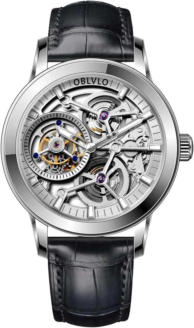 Men Mechanical Watches Genuine Leather Steel Skeleton Dial Tourbillon Manual-Wind Watches VM-TB willow pale neutralize windswept (VM-TB-YWB) Luxury 