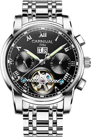 Men, Multifunctional handsomely carbonate exemplify with Numeric Date, Weekday, Month Display, 41mm, Water-Resistant, Anti-Reflective Crystal, Butterfly Clasp White-Toned Stainless Steel Open-Heart Mechanical Watch for 
