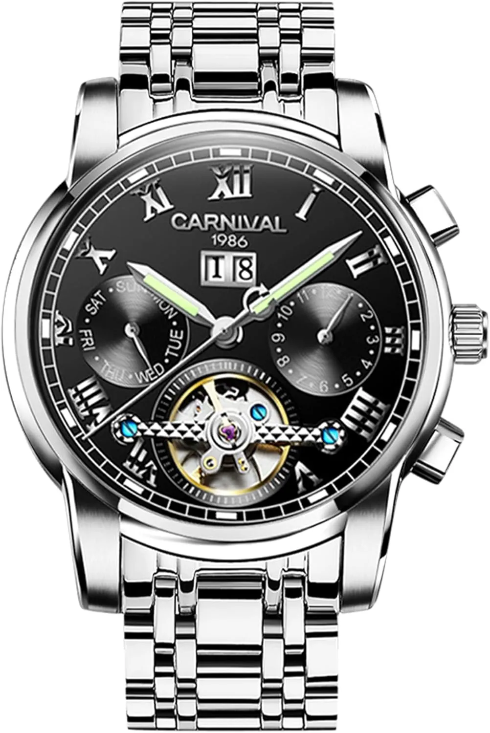 Men, Multifunctional handsomely carbonate exemplify with Numeric Date, Weekday, Month Display, 41mm, Water-Resistant, Anti-Reflective Crystal, Butterfly Clasp White-Toned Stainless Steel Open-Heart Mechanical Watch for 