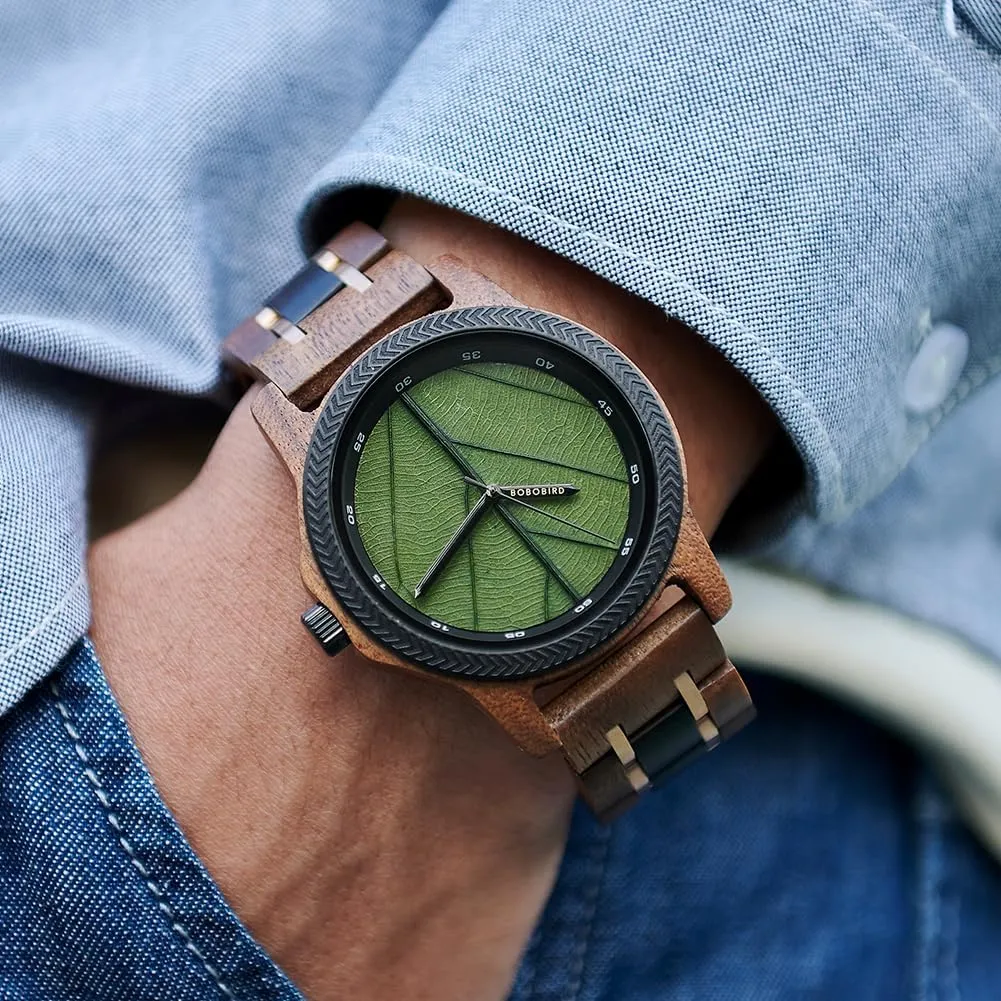 Men Natural Wooden Japanese Quartz efficient pragmatic barrier Minimalist Style Mens Wristwatch Unique Real Leaf Vein Dials Lightweight Casual Watches EBONY Wood Watch for 