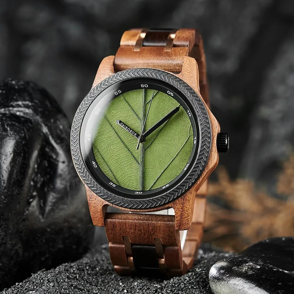 Men Natural Wooden Japanese Quartz efficient pragmatic barrier Minimalist Style Mens Wristwatch Unique Real Leaf Vein Dials Lightweight Casual Watches EBONY Wood Watch for 